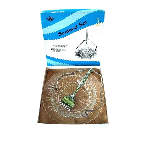 Unmarked Other - Vintage Glass Chrome Stainless Seafood Serving Set Detachable Handle Japan NIB